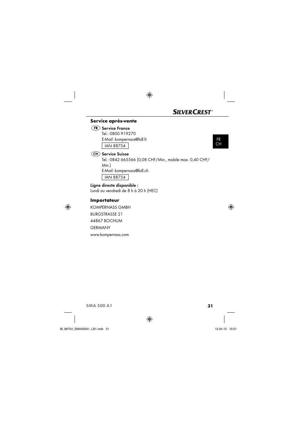 Service après-vente, Importateur | Silvercrest SMA 500 A1 User Manual | Page 34 / 83