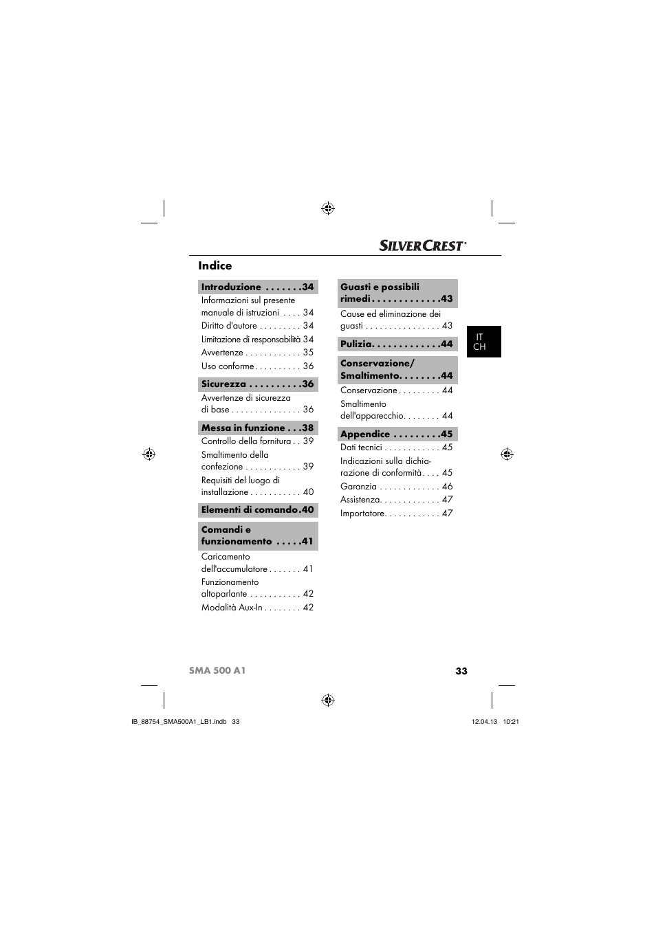 Indice | Silvercrest SMA 500 A1 User Manual | Page 36 / 83