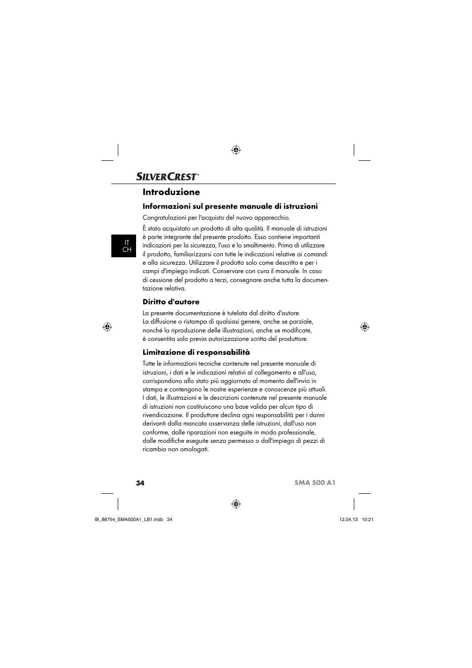 Introduzione, Informazioni sul presente manuale di istruzioni, Diritto d'autore | Limitazione di responsabilità | Silvercrest SMA 500 A1 User Manual | Page 37 / 83