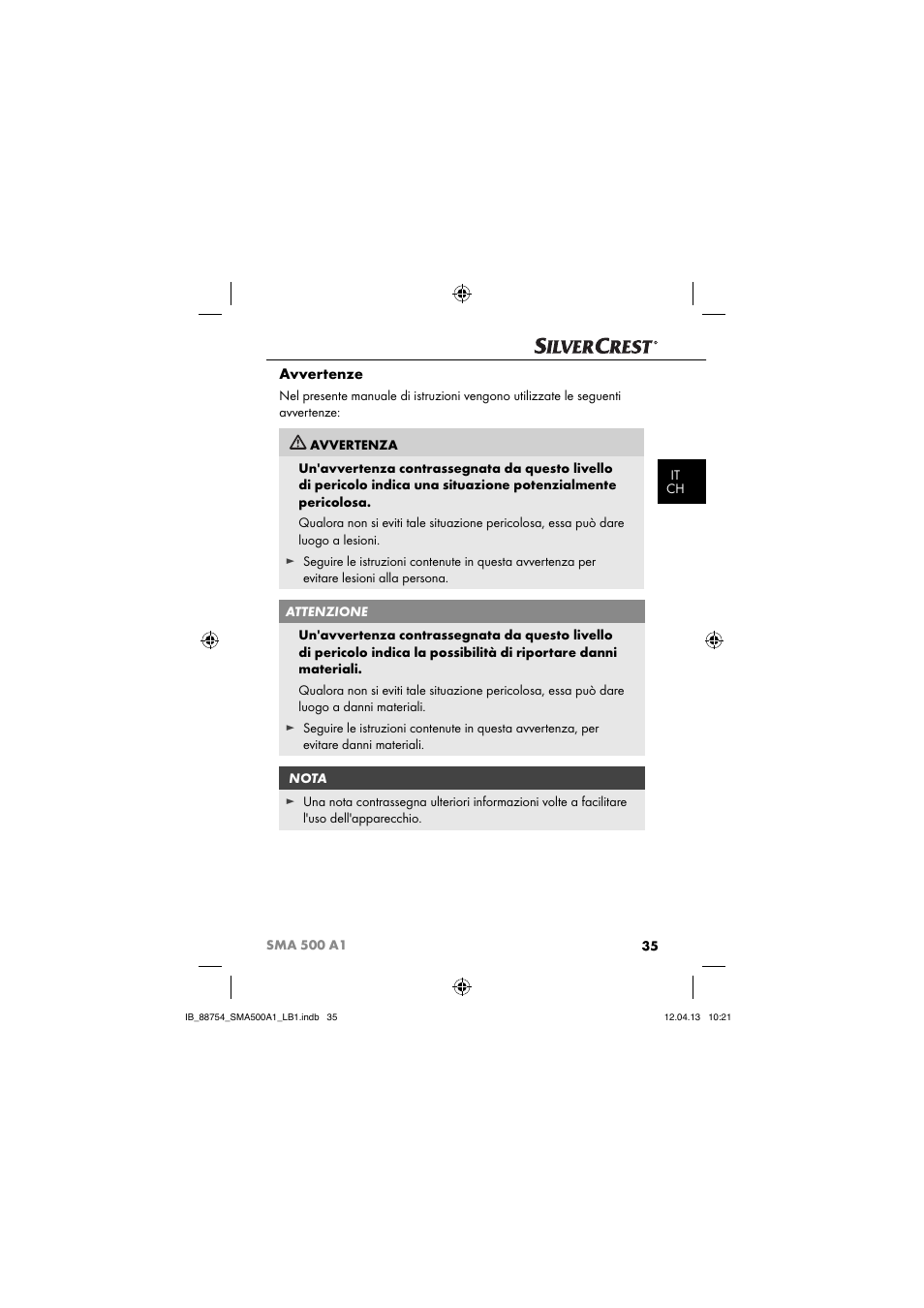 Avvertenze | Silvercrest SMA 500 A1 User Manual | Page 38 / 83