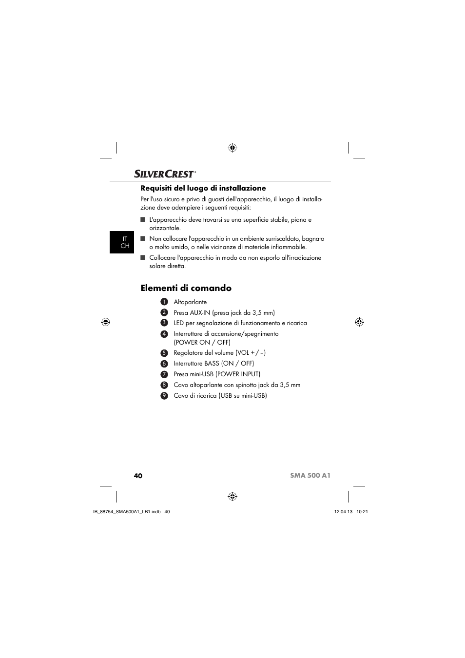 Elementi di comando, Requisiti del luogo di installazione | Silvercrest SMA 500 A1 User Manual | Page 43 / 83