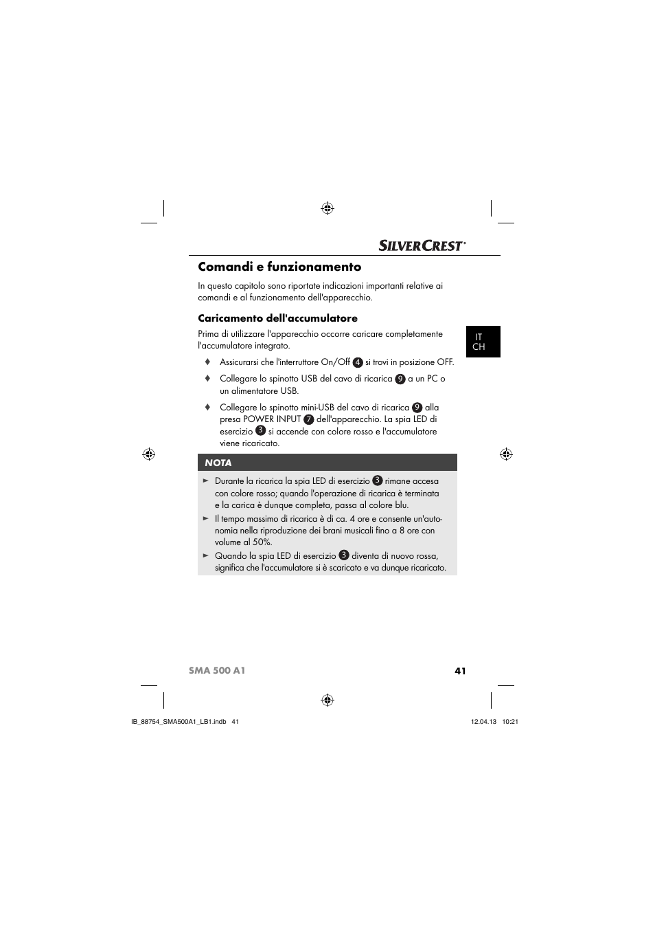 Comandi e funzionamento, Caricamento dell'accumulatore | Silvercrest SMA 500 A1 User Manual | Page 44 / 83