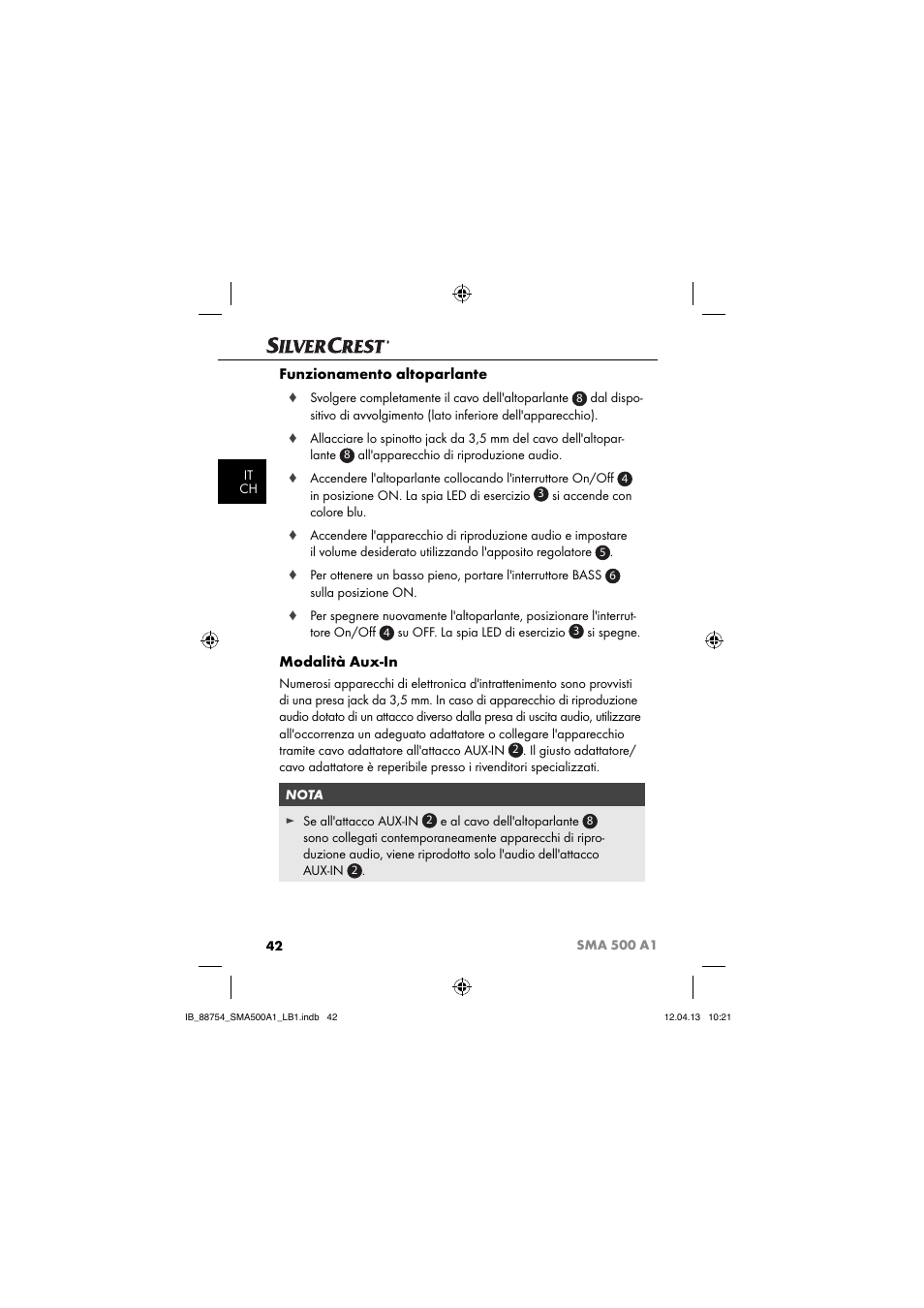 Funzionamento altoparlante, Modalità aux-in | Silvercrest SMA 500 A1 User Manual | Page 45 / 83