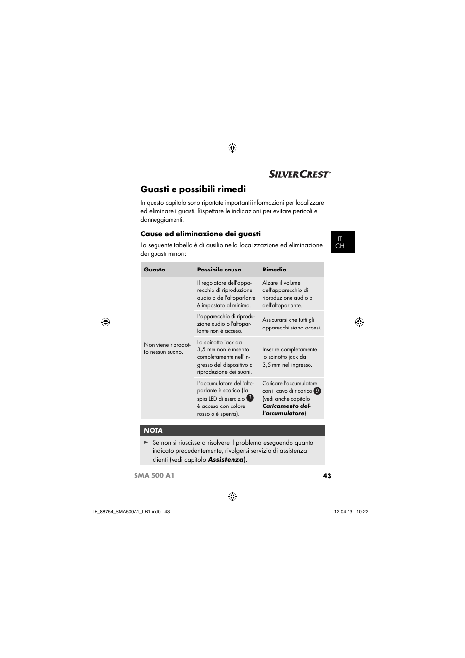 Guasti e possibili rimedi, Cause ed eliminazione dei guasti | Silvercrest SMA 500 A1 User Manual | Page 46 / 83