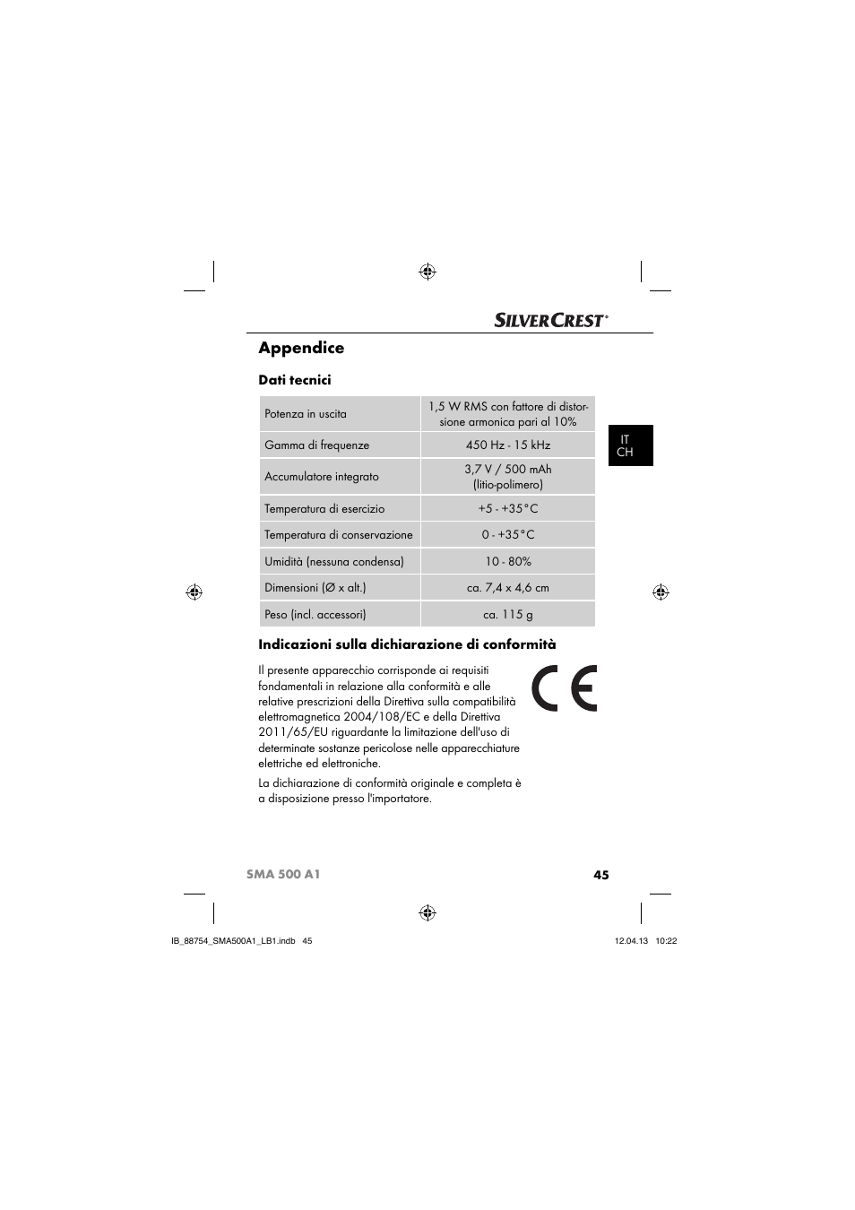 Appendice, Dati tecnici, Indicazioni sulla dichiarazione di conformità | Silvercrest SMA 500 A1 User Manual | Page 48 / 83