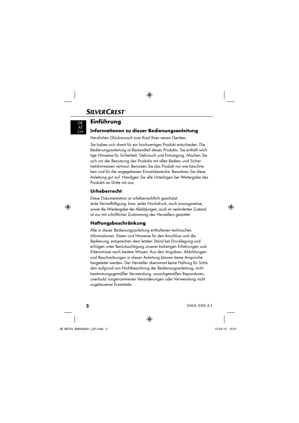Einführung, Informationen zu dieser bedienungsanleitung, Urheberrecht | Haftungsbeschränkung | Silvercrest SMA 500 A1 User Manual | Page 5 / 83