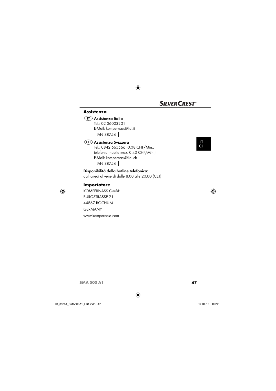 Assistenza, Importatore | Silvercrest SMA 500 A1 User Manual | Page 50 / 83