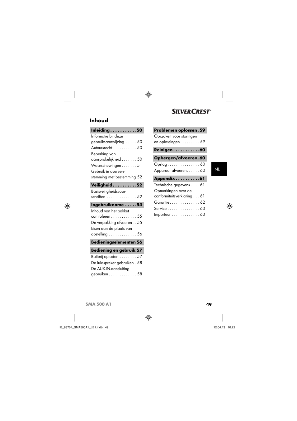 Inhoud | Silvercrest SMA 500 A1 User Manual | Page 52 / 83