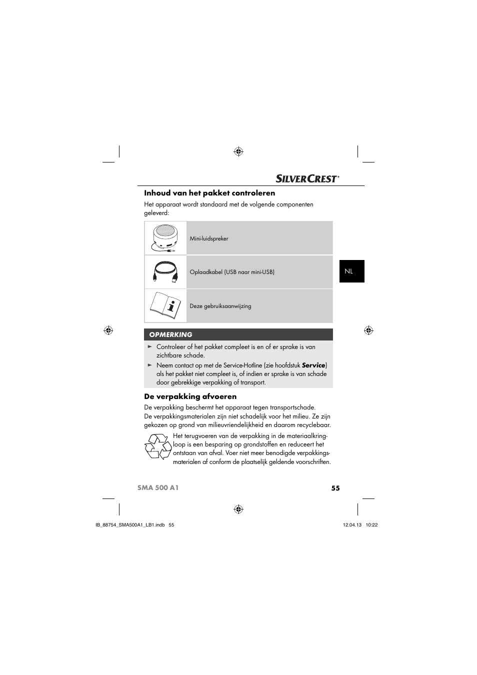 Inhoud van het pakket controleren, De verpakking afvoeren | Silvercrest SMA 500 A1 User Manual | Page 58 / 83