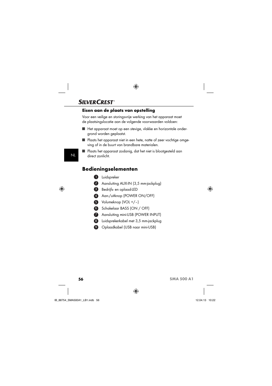 Bedieningselementen, Eisen aan de plaats van opstelling | Silvercrest SMA 500 A1 User Manual | Page 59 / 83