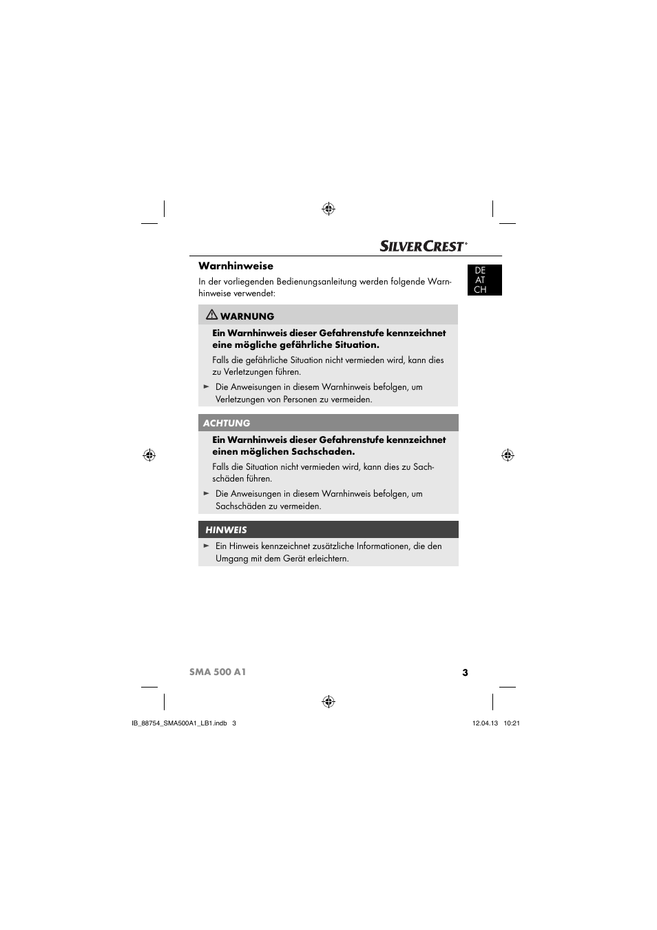 Warnhinweise | Silvercrest SMA 500 A1 User Manual | Page 6 / 83