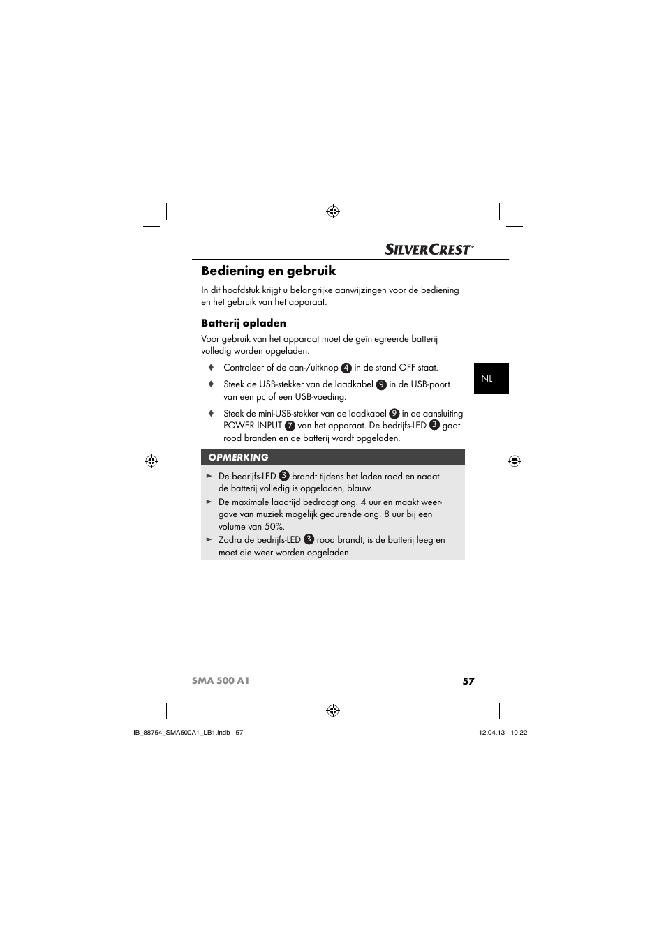 Bediening en gebruik, Batterij opladen | Silvercrest SMA 500 A1 User Manual | Page 60 / 83