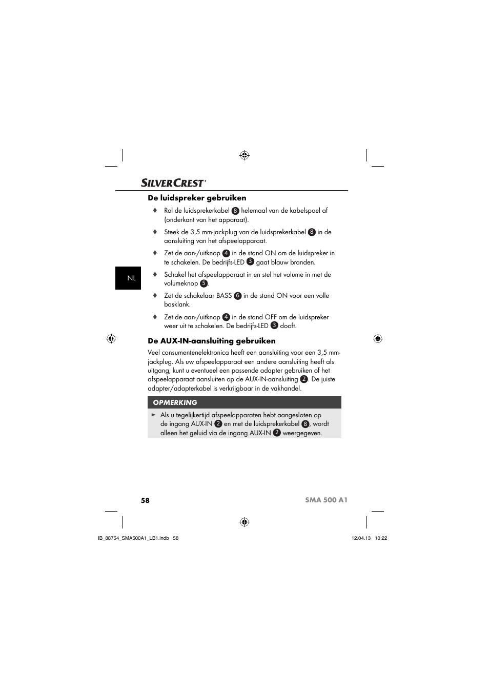 De luidspreker gebruiken, De aux-in-aansluiting gebruiken | Silvercrest SMA 500 A1 User Manual | Page 61 / 83