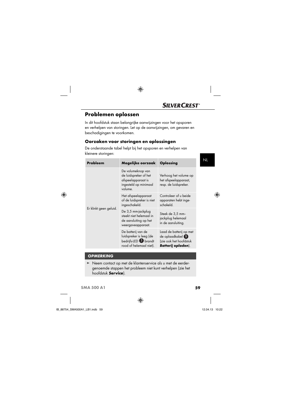 Problemen oplossen, Oorzaken voor storingen en oplossingen | Silvercrest SMA 500 A1 User Manual | Page 62 / 83