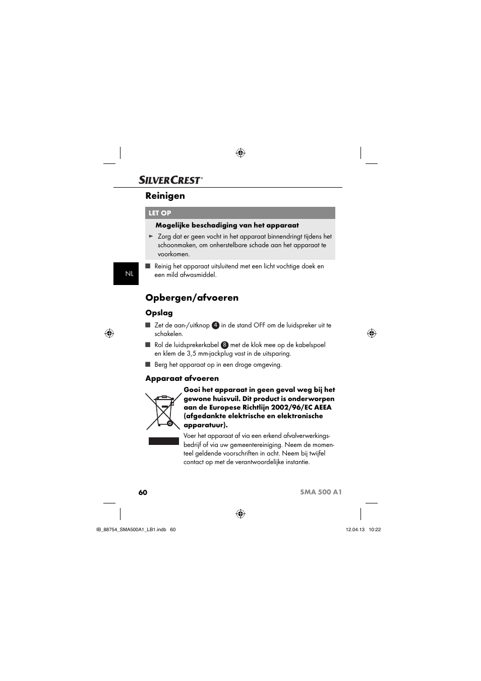 Reinigen, Opbergen/afvoeren, Opslag | Apparaat afvoeren | Silvercrest SMA 500 A1 User Manual | Page 63 / 83
