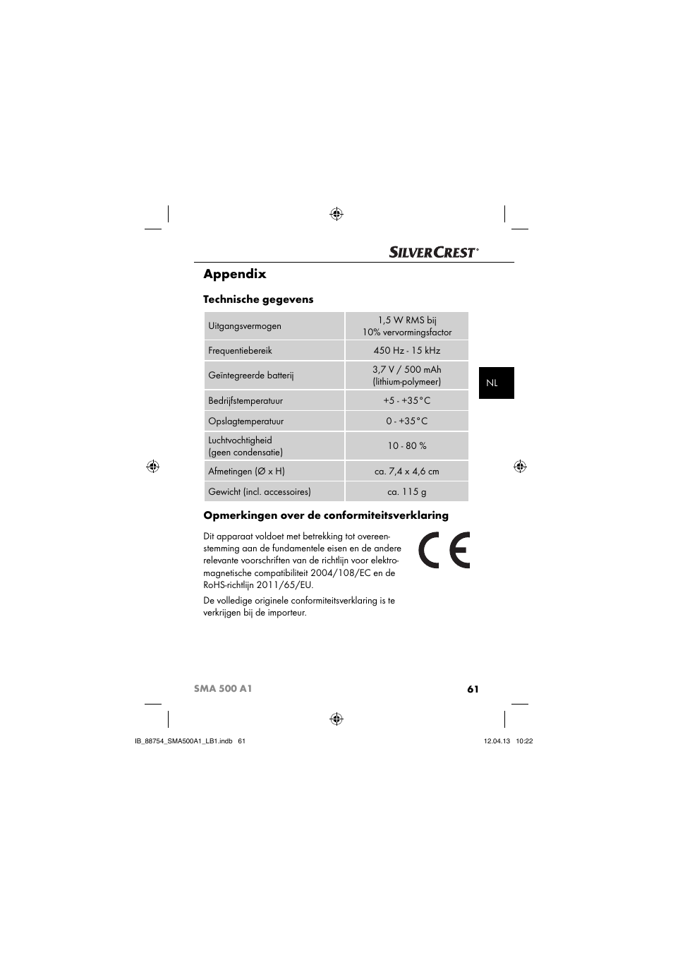 Appendix, Technische gegevens, Opmerkingen over de conformiteitsverklaring | Silvercrest SMA 500 A1 User Manual | Page 64 / 83