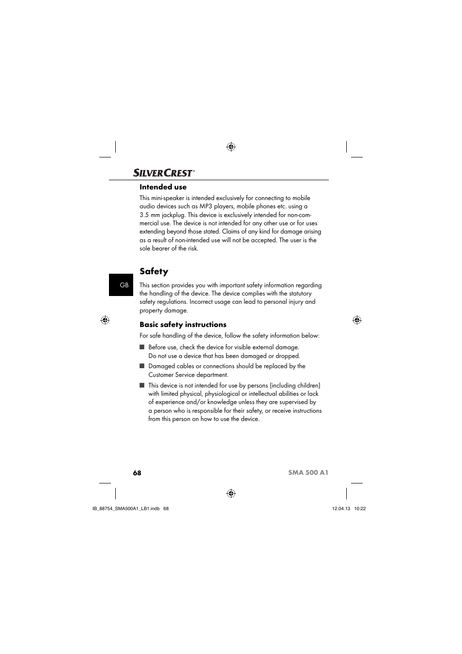 Safety, Intended use, Basic safety instructions | Silvercrest SMA 500 A1 User Manual | Page 71 / 83