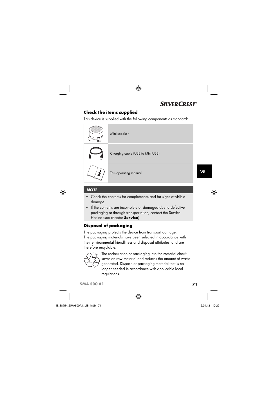 Check the items supplied, Disposal of packaging | Silvercrest SMA 500 A1 User Manual | Page 74 / 83