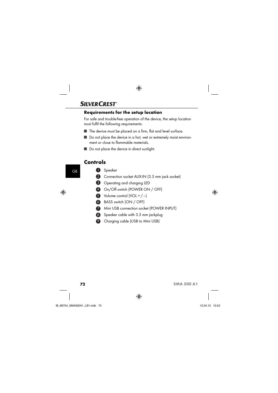 Controls, Requirements for the setup location | Silvercrest SMA 500 A1 User Manual | Page 75 / 83