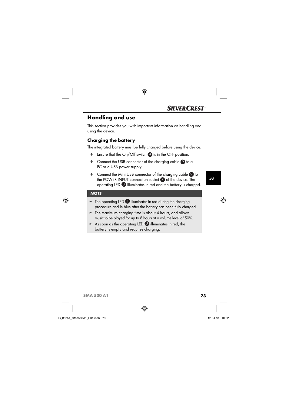 Handling and use, Charging the battery | Silvercrest SMA 500 A1 User Manual | Page 76 / 83