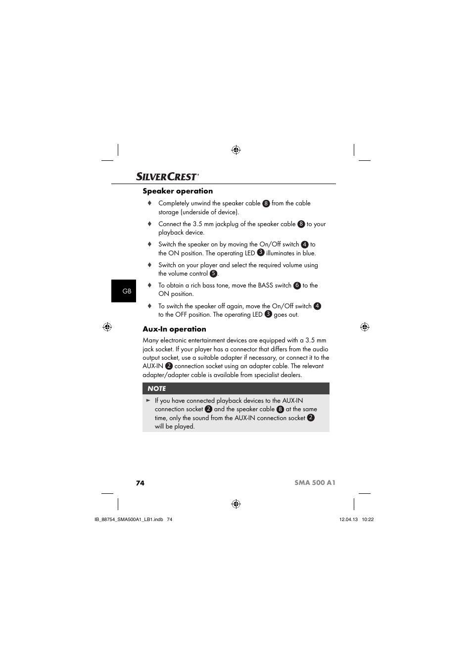 Speaker operation, Aux-in operation | Silvercrest SMA 500 A1 User Manual | Page 77 / 83
