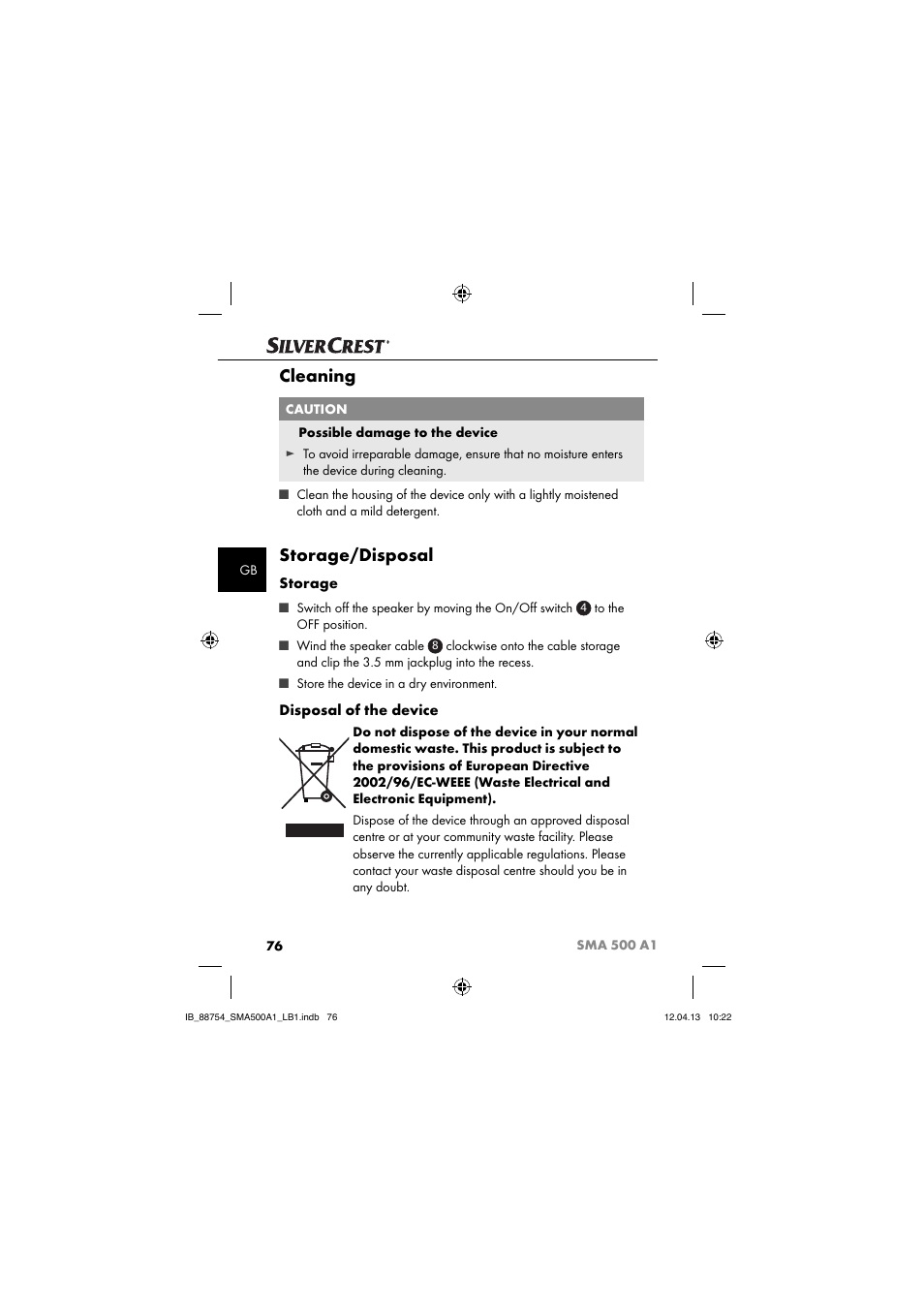 Cleaning, Storage/disposal, Storage | Disposal of the device | Silvercrest SMA 500 A1 User Manual | Page 79 / 83