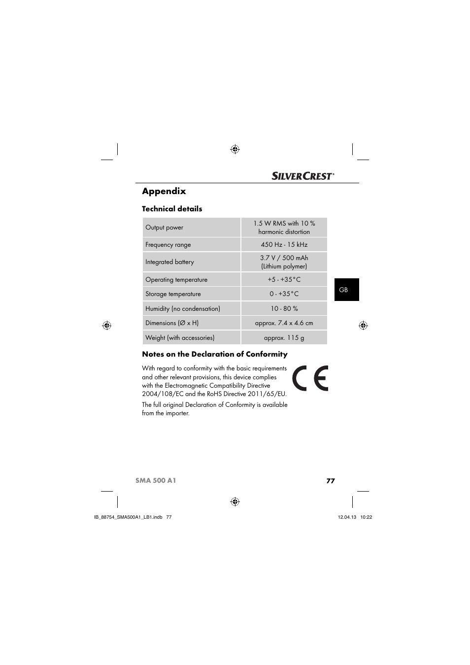 Appendix, Technical details | Silvercrest SMA 500 A1 User Manual | Page 80 / 83