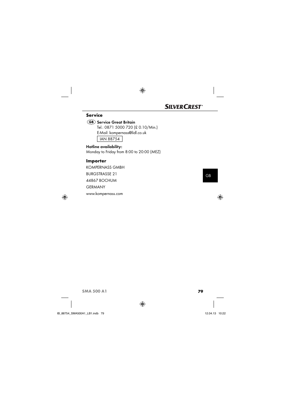 Service, Importer | Silvercrest SMA 500 A1 User Manual | Page 82 / 83