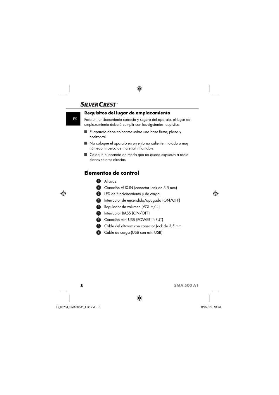 Elementos de control, Requisitos del lugar de emplazamiento | Silvercrest SMA 500 A1 User Manual | Page 11 / 67