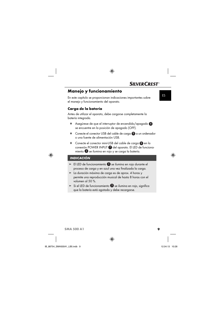 Manejo y funcionamiento, Carga de la batería | Silvercrest SMA 500 A1 User Manual | Page 12 / 67
