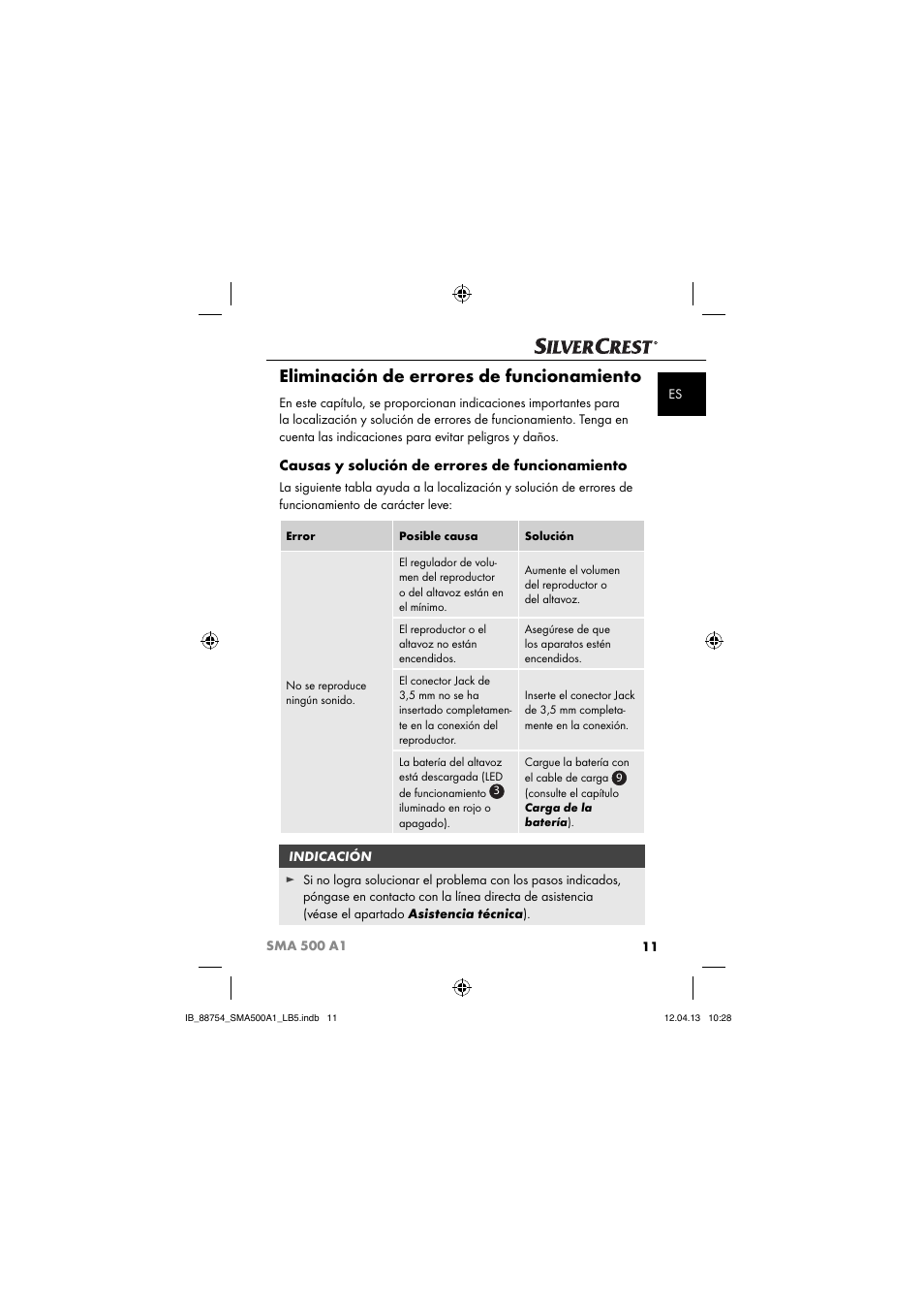 Eliminación de errores de funcionamiento, Causas y solución de errores de funcionamiento | Silvercrest SMA 500 A1 User Manual | Page 14 / 67