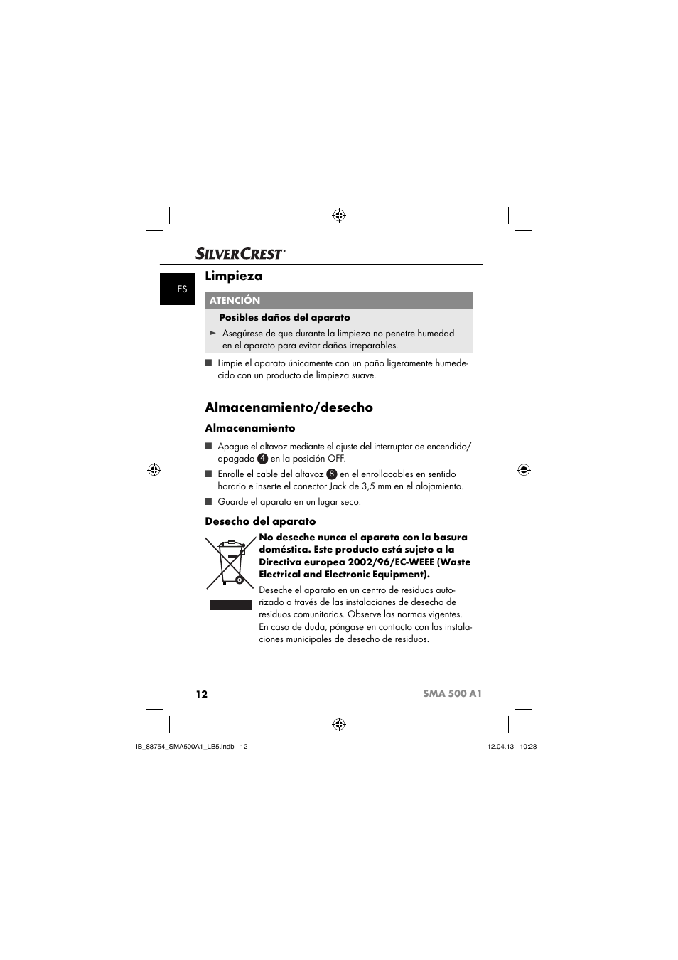 Limpieza, Almacenamiento/desecho, Almacenamiento | Desecho del aparato | Silvercrest SMA 500 A1 User Manual | Page 15 / 67