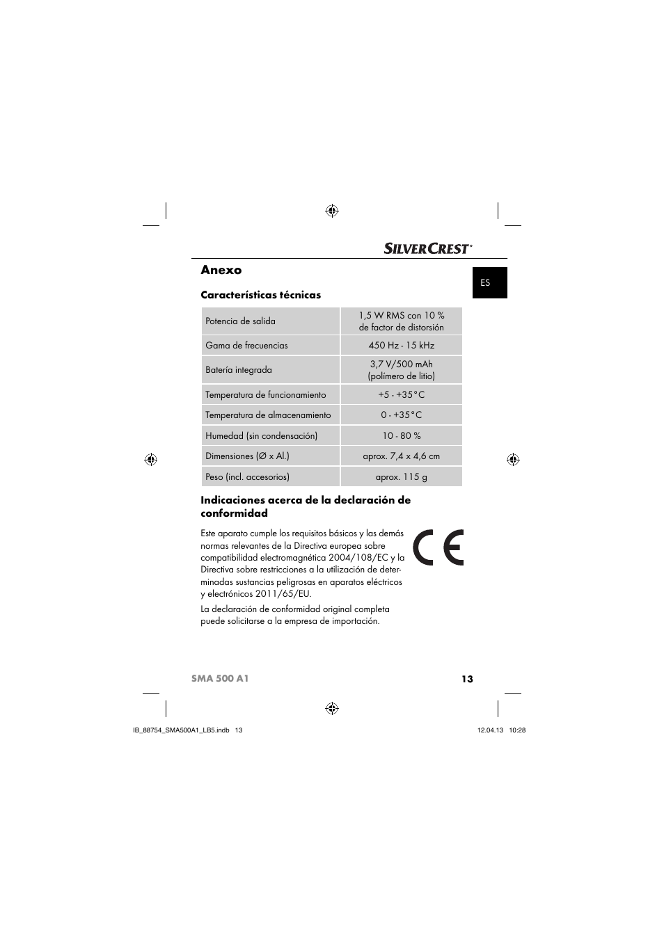 Anexo, Características técnicas | Silvercrest SMA 500 A1 User Manual | Page 16 / 67