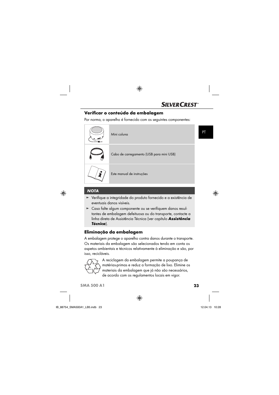 Veriﬁ car o conteúdo da embalagem, Eliminação da embalagem | Silvercrest SMA 500 A1 User Manual | Page 26 / 67