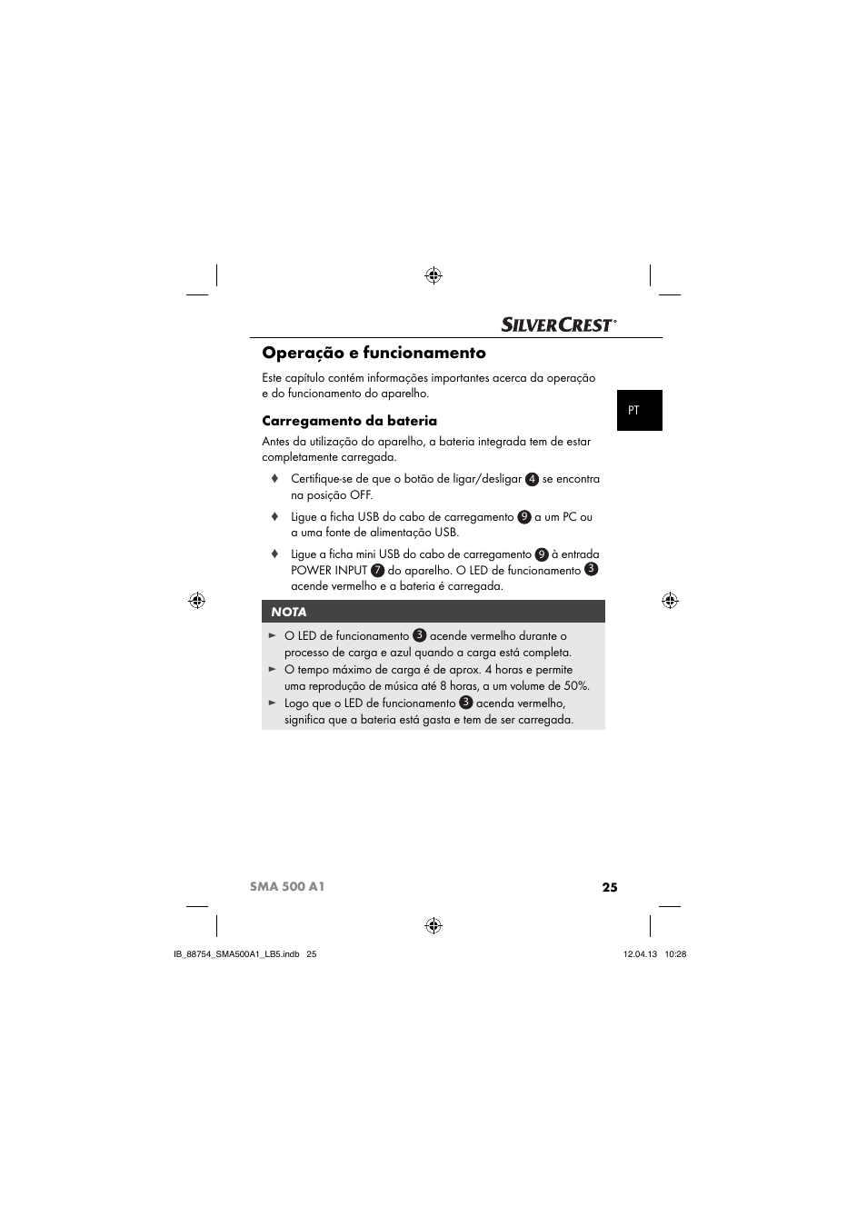 Operação e funcionamento, Carregamento da bateria | Silvercrest SMA 500 A1 User Manual | Page 28 / 67