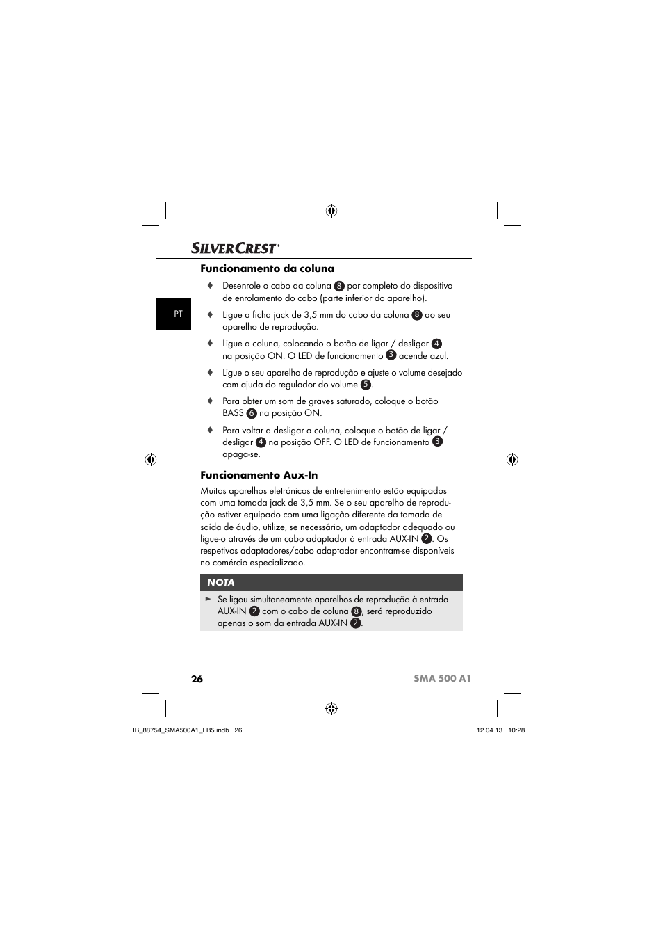 Funcionamento da coluna, Funcionamento aux-in | Silvercrest SMA 500 A1 User Manual | Page 29 / 67