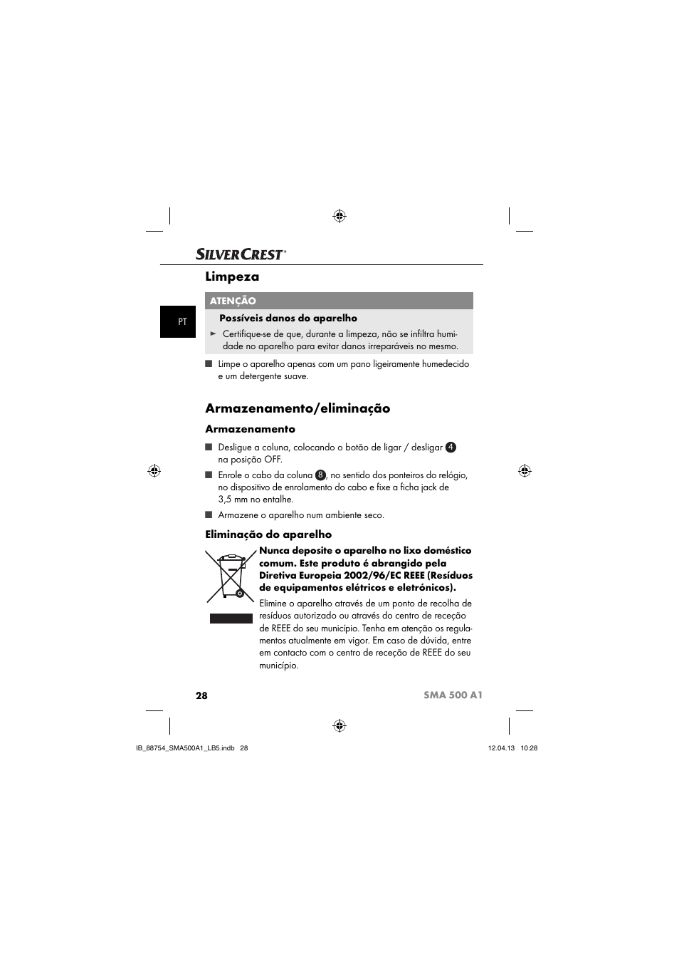 Limpeza, Armazenamento/eliminação, Armazenamento | Eliminação do aparelho | Silvercrest SMA 500 A1 User Manual | Page 31 / 67