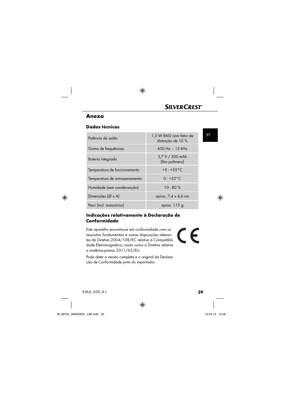 Anexo, Dados técnicos | Silvercrest SMA 500 A1 User Manual | Page 32 / 67