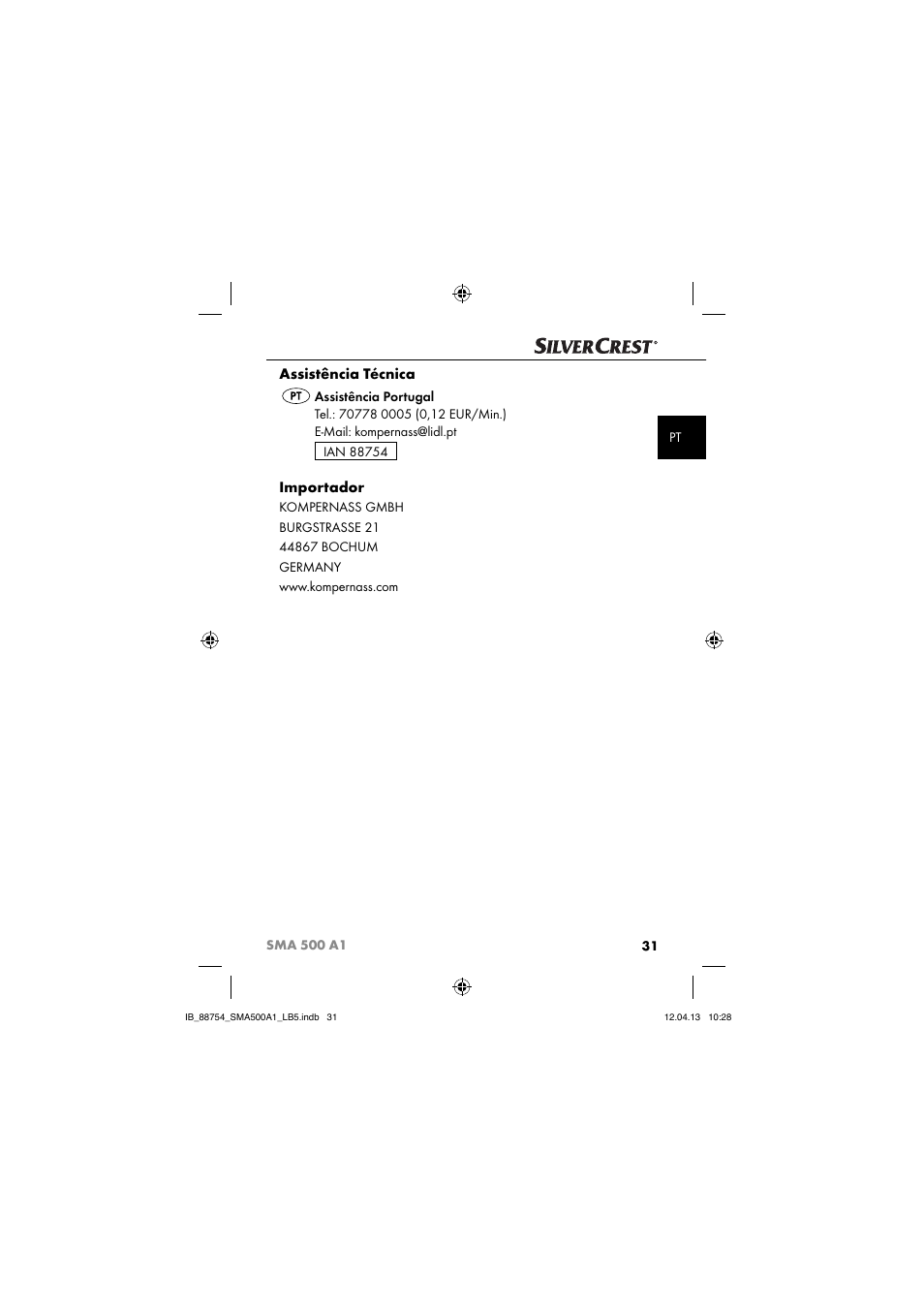 Assistência técnica, Importador | Silvercrest SMA 500 A1 User Manual | Page 34 / 67