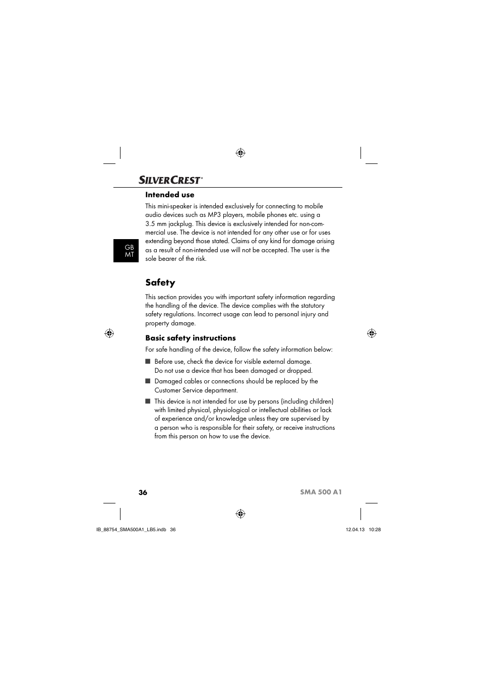 Safety, Intended use, Basic safety instructions | Silvercrest SMA 500 A1 User Manual | Page 39 / 67