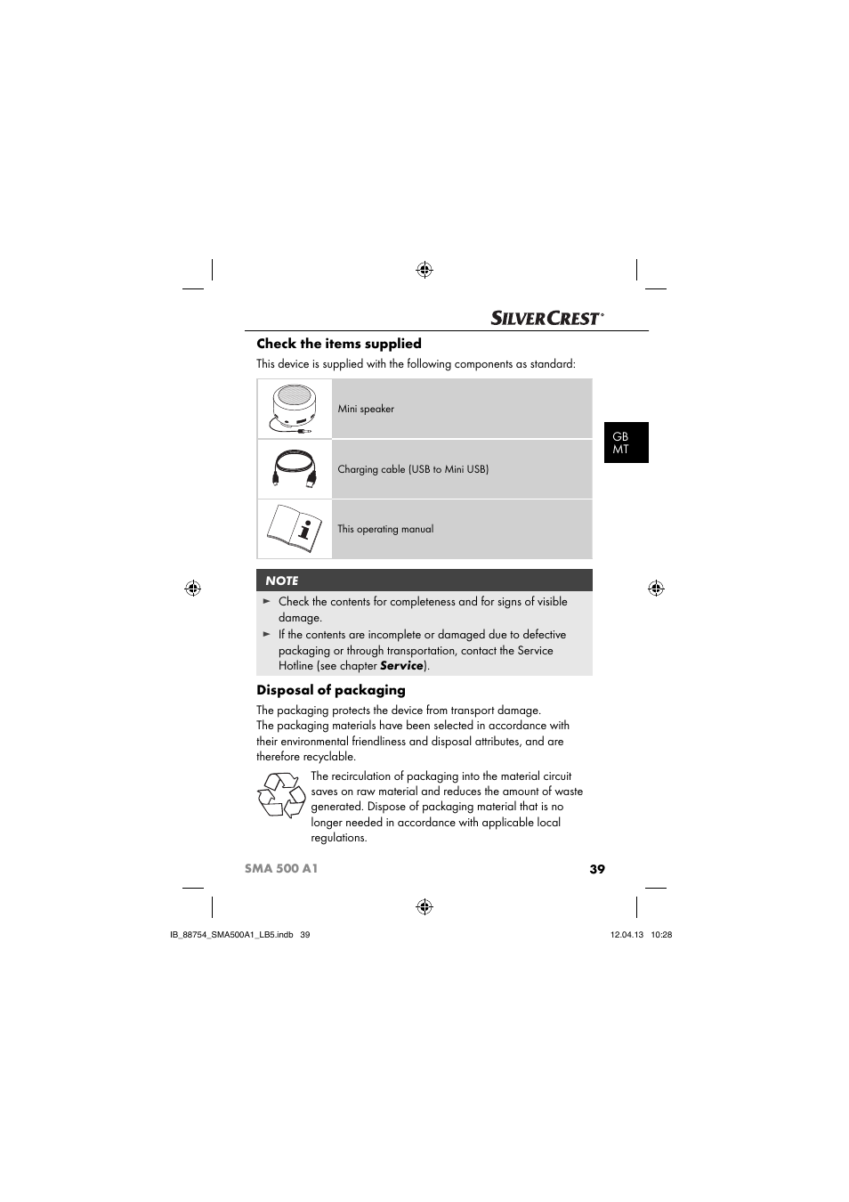 Check the items supplied, Disposal of packaging | Silvercrest SMA 500 A1 User Manual | Page 42 / 67