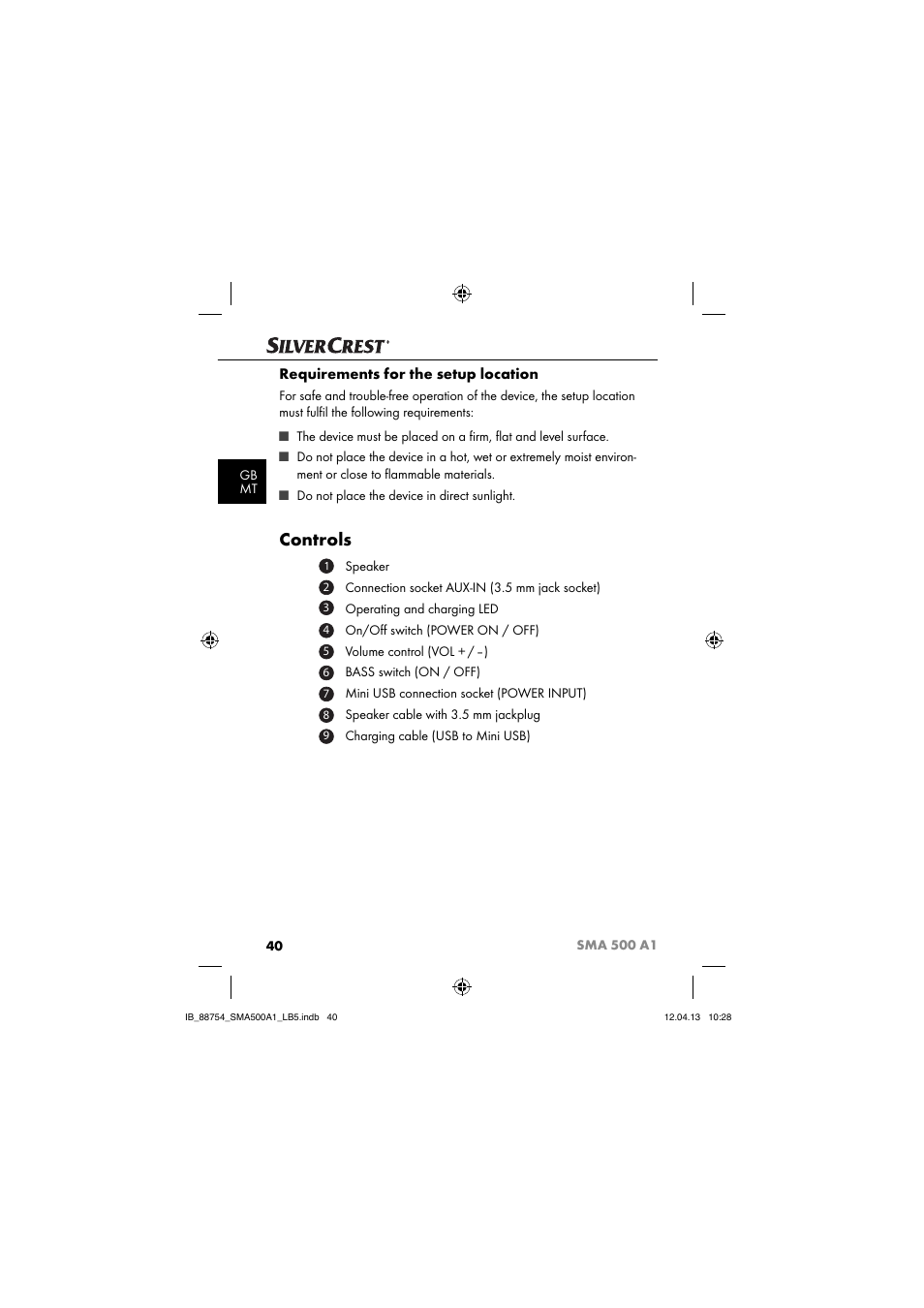 Controls, Requirements for the setup location | Silvercrest SMA 500 A1 User Manual | Page 43 / 67