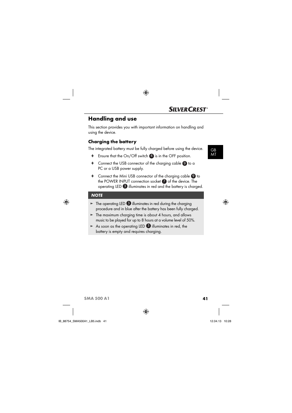 Handling and use, Charging the battery | Silvercrest SMA 500 A1 User Manual | Page 44 / 67