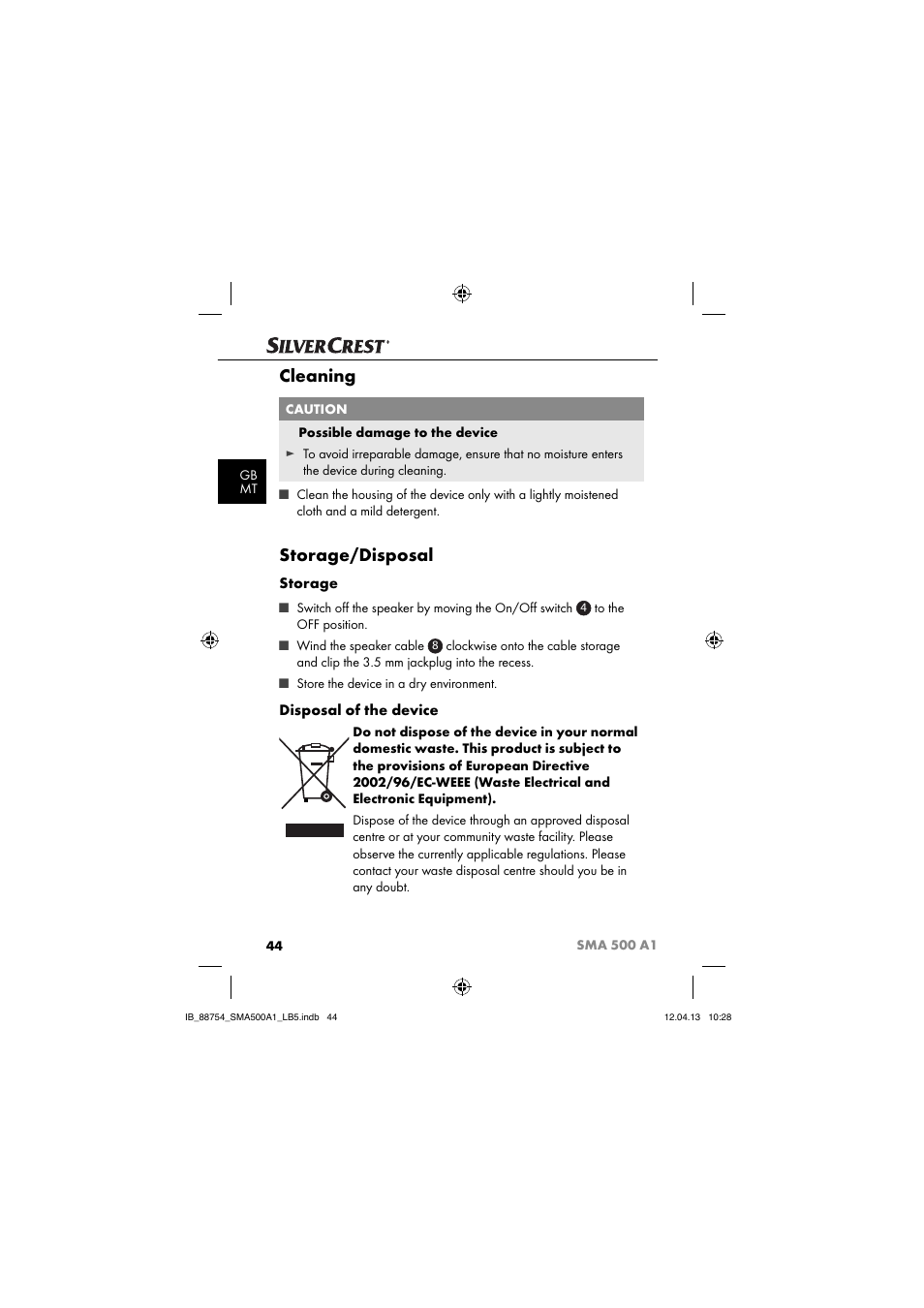 Cleaning, Storage/disposal, Storage | Disposal of the device | Silvercrest SMA 500 A1 User Manual | Page 47 / 67