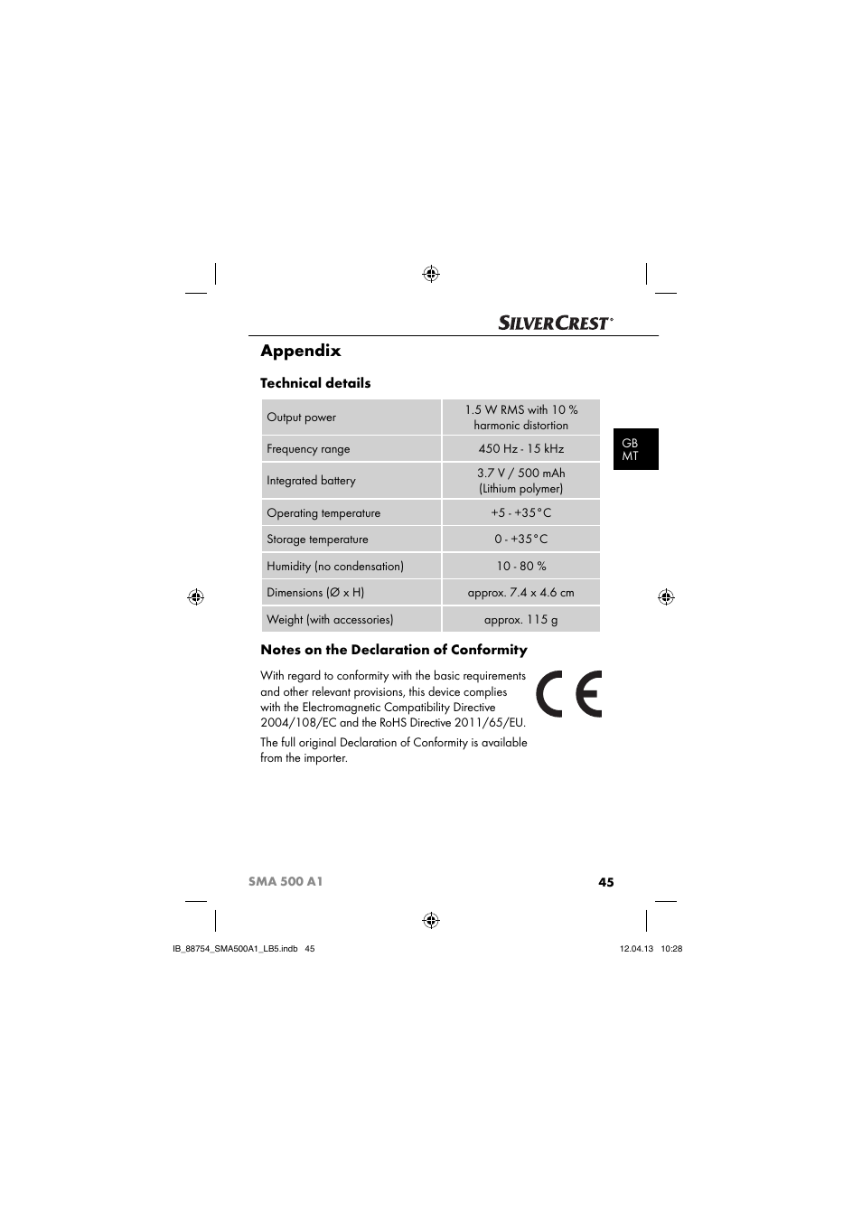 Appendix, Technical details | Silvercrest SMA 500 A1 User Manual | Page 48 / 67