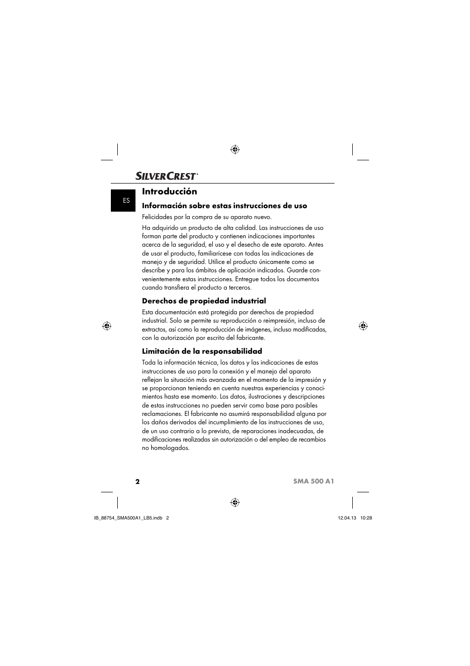 Introducción, Información sobre estas instrucciones de uso, Derechos de propiedad industrial | Limitación de la responsabilidad | Silvercrest SMA 500 A1 User Manual | Page 5 / 67