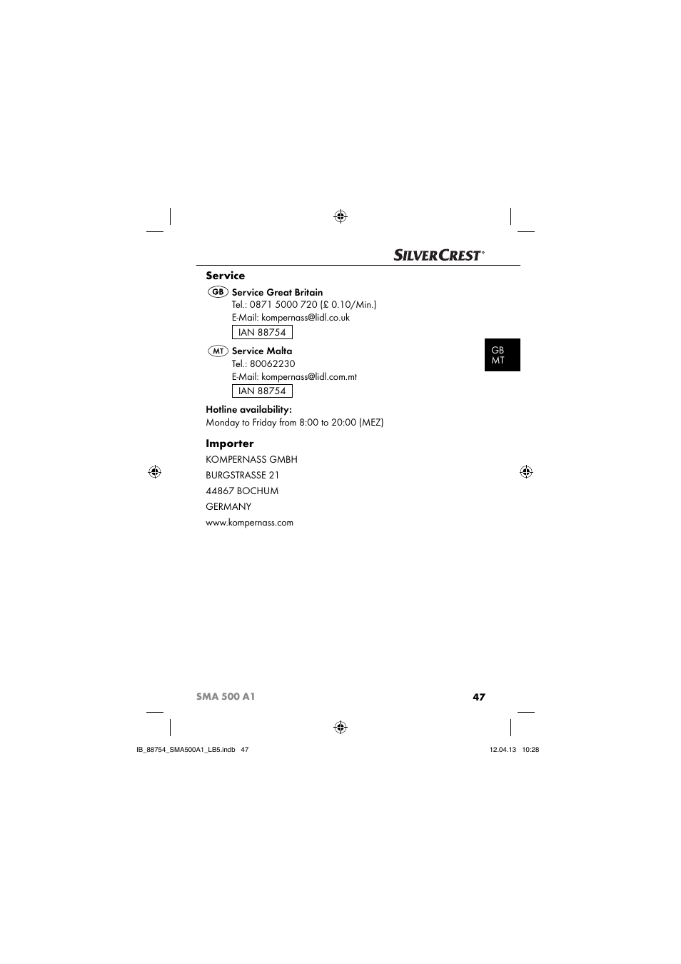 Service, Importer | Silvercrest SMA 500 A1 User Manual | Page 50 / 67