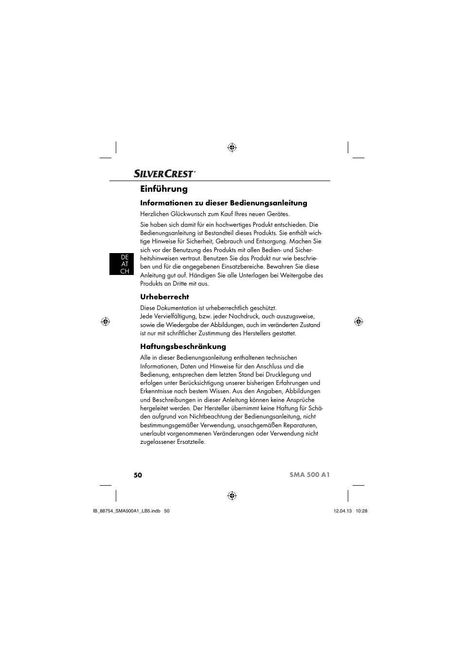 Einführung, Informationen zu dieser bedienungsanleitung, Urheberrecht | Haftungsbeschränkung | Silvercrest SMA 500 A1 User Manual | Page 53 / 67