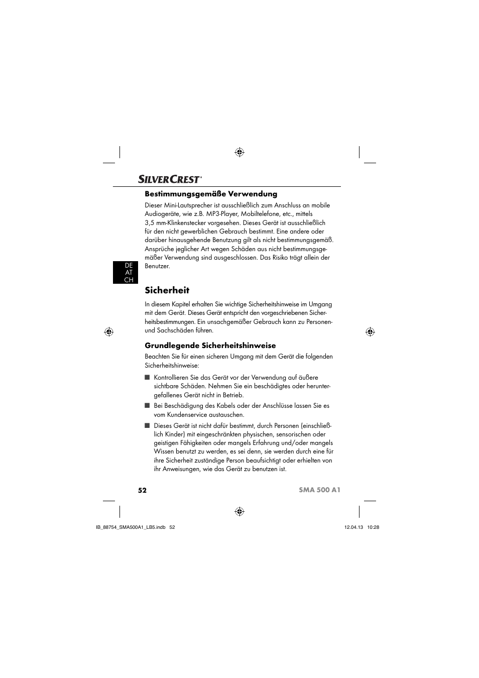 Sicherheit, Bestimmungsgemäße verwendung, Grundlegende sicherheitshinweise | Silvercrest SMA 500 A1 User Manual | Page 55 / 67