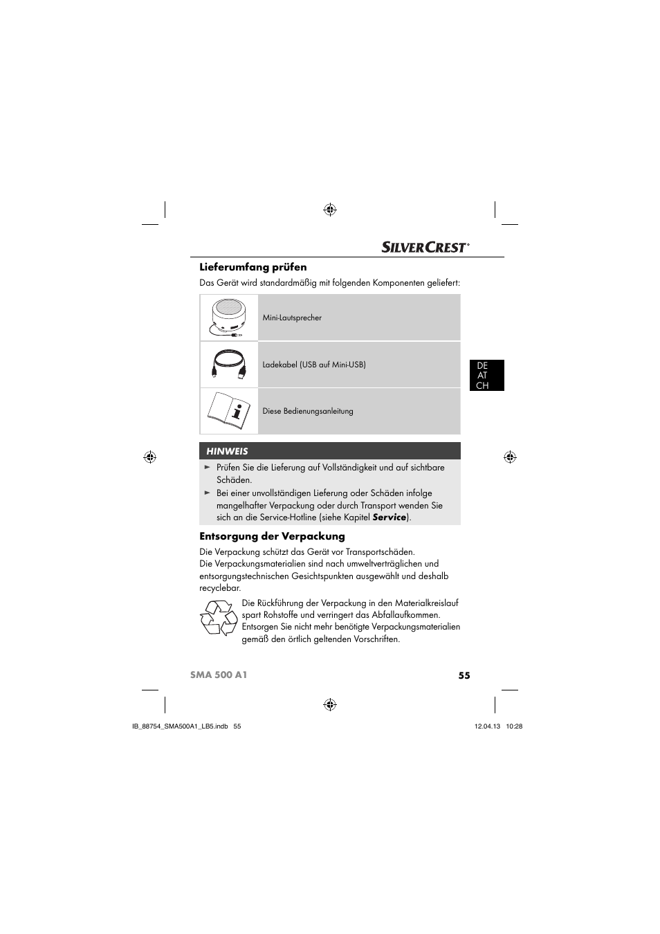 Lieferumfang prüfen, Entsorgung der verpackung | Silvercrest SMA 500 A1 User Manual | Page 58 / 67